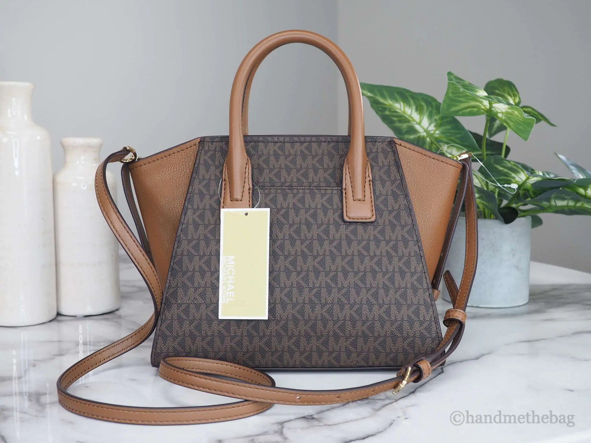 Michael Kors Avril Brown Signature PVC Leather Small Top Zip Satchel Convertible Handbag