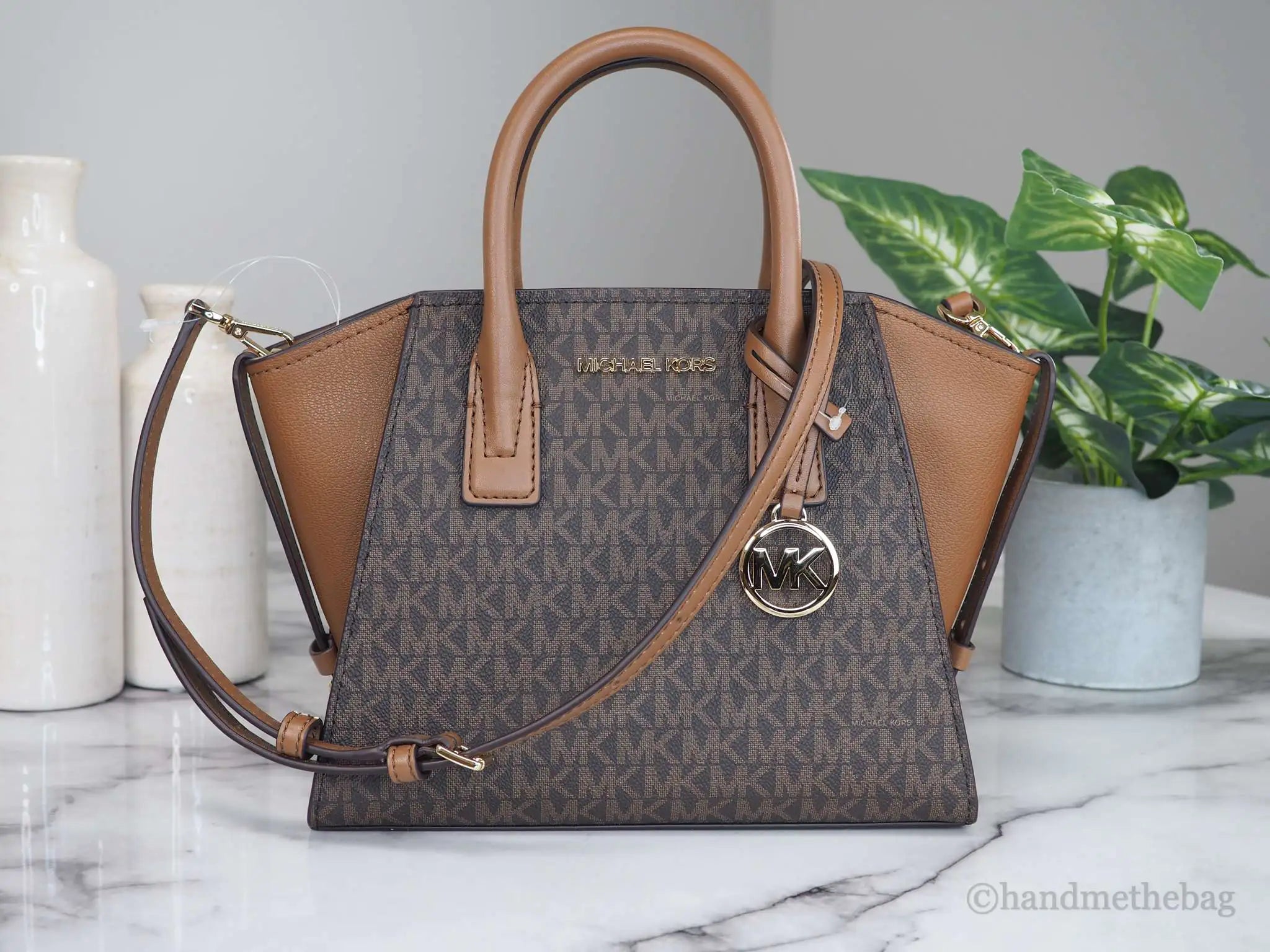 Michael Kors Avril Brown Signature PVC Leather Small Top Zip Satchel Convertible Handbag