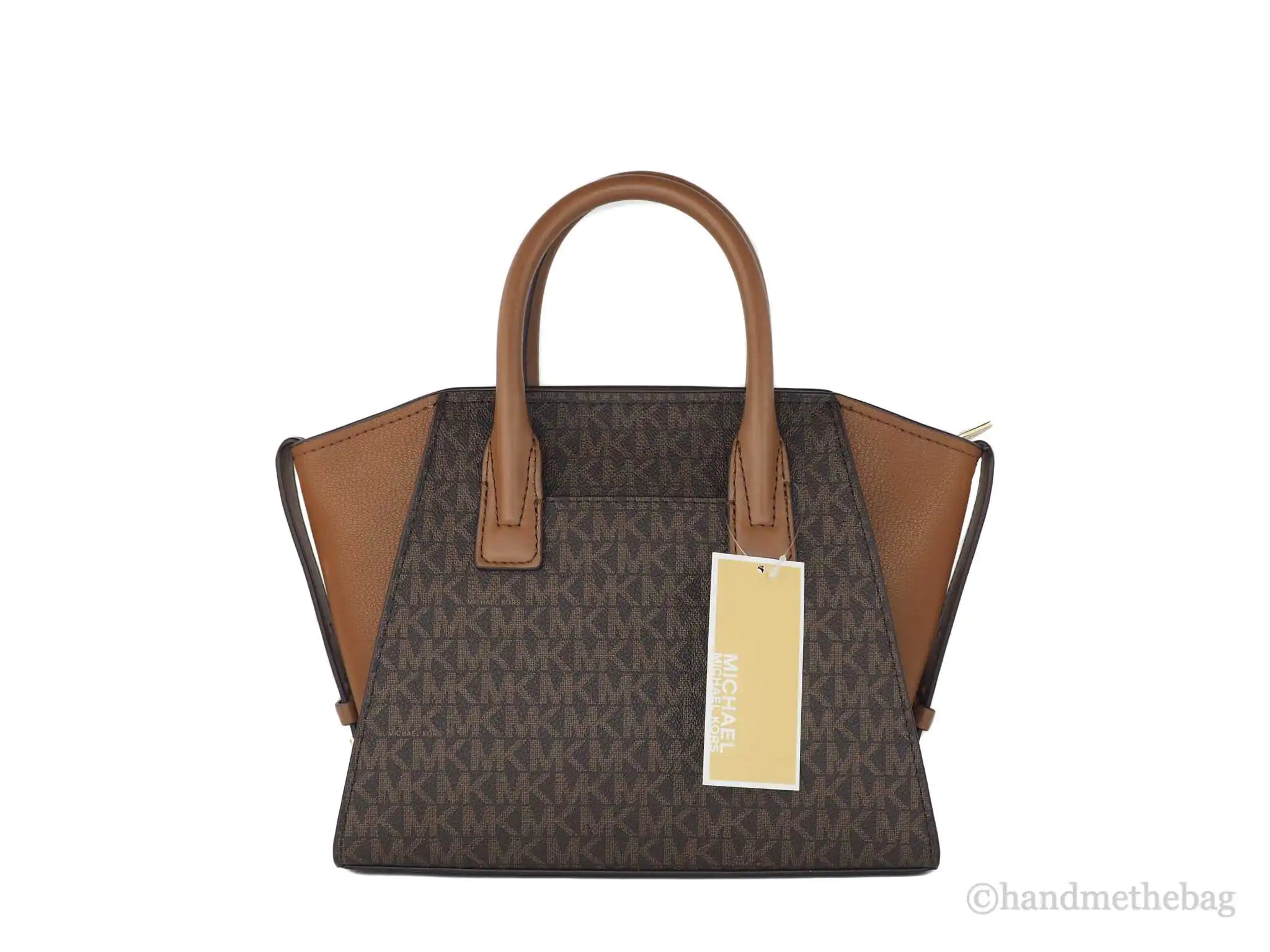 Michael Kors Avril Brown Signature PVC Leather Small Top Zip Satchel Convertible Handbag