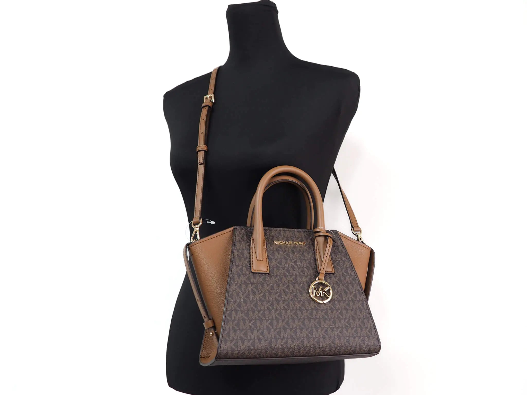 Michael Kors Avril Brown Signature PVC Leather Small Top Zip Satchel Convertible Handbag